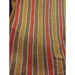 Vintage Retro 70’s Handmade Crocheted Afghan Throw Blanket Gold Orange White 56"